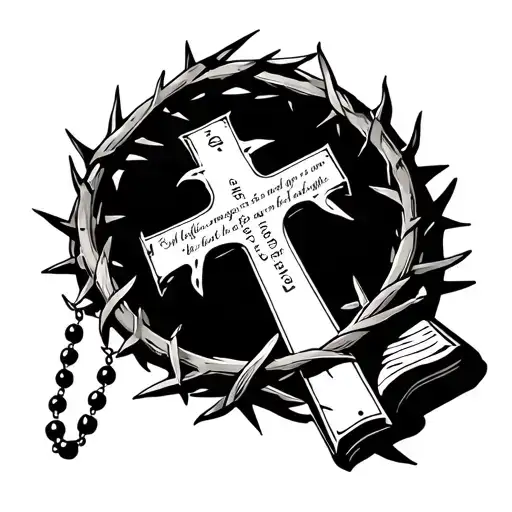 cross with crown of thorns and rosary wrapped around it and a Bible verse reference number on the cross somewhere tattoo design idea