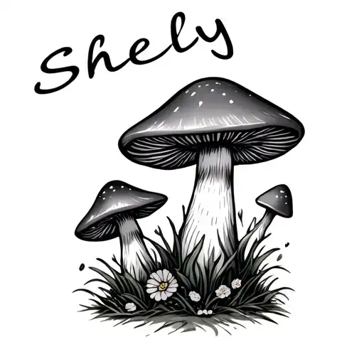 a memorial tattoo for my sisters passing , with her name Shelly written in a nice lettering style and mushrooms cartoon  tattoo design idea