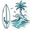 Palm tree with surfboard on tree and anchor and wave  tattoo design idea