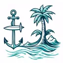 Palm tree with surfboard on tree and anchor and wave  tattoo design idea