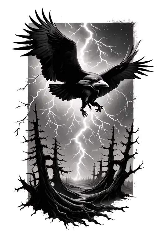 lightning storm with ravens circling with some burned down trees tattoo design idea