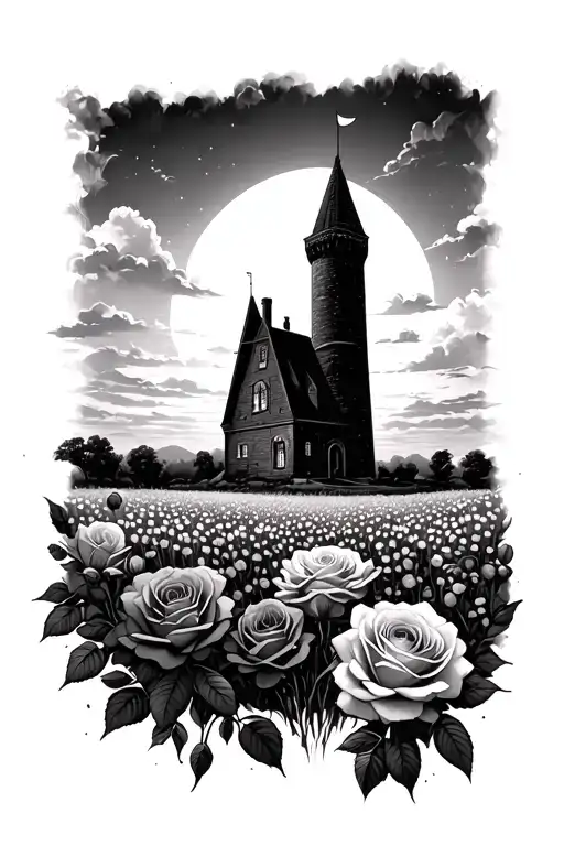  the dark tower in a field of roses at sunset tattoo design idea