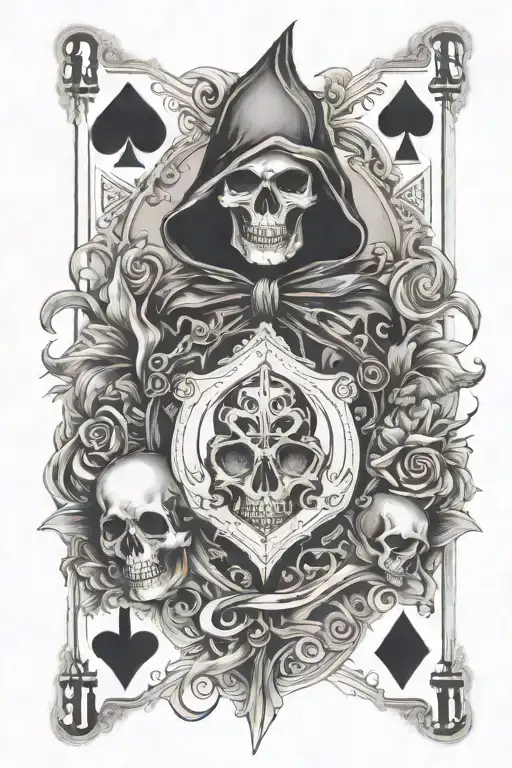 So like the reaper his scythe skulls a black widow and I wanna work in the cards 7 of spades and 2 of diamonds pair in t tattoo design idea