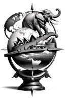 globe on compass with and elephant standing on great wall of China that leads to the Sydney opera house with a moai look tattoo design idea
