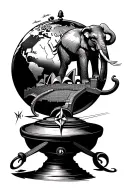 globe on compass with and elephant standing on great wall of China that leads to the Sydney opera house with a moai look tattoo design idea