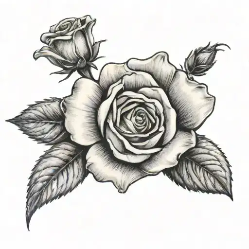 A black and grey tattoo of a rose and daisy bouquet with a passport stamp from Dublin tattoo design idea