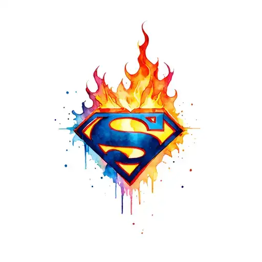 Superman symbol on fire burning into a bio-mechanical heart tattoo design idea