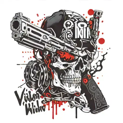 villain wielding a gun with a small quote and skull tattoo design idea