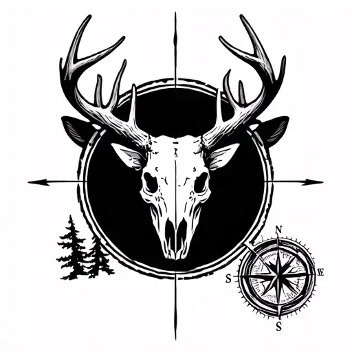 hunting, compass, forest, elk skull tattoo design idea