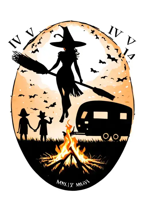 "IV V MMXIV" silhouette of busty sexy witch bride on broomstick over a campsite with a trailer and campfire with children & dog tattoo design idea