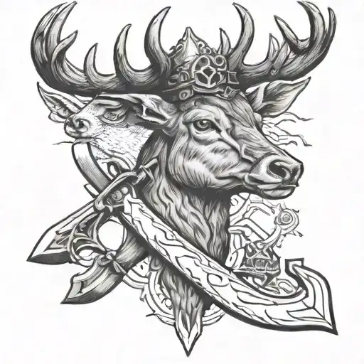 stags head, 2 axes crossed together, a commando dagger and an anchor, look realistic tattoo design idea