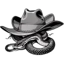 rattle snake inside an upside-down cowboy hat with the snake's head and tail coming out of the hat.  tattoo design idea