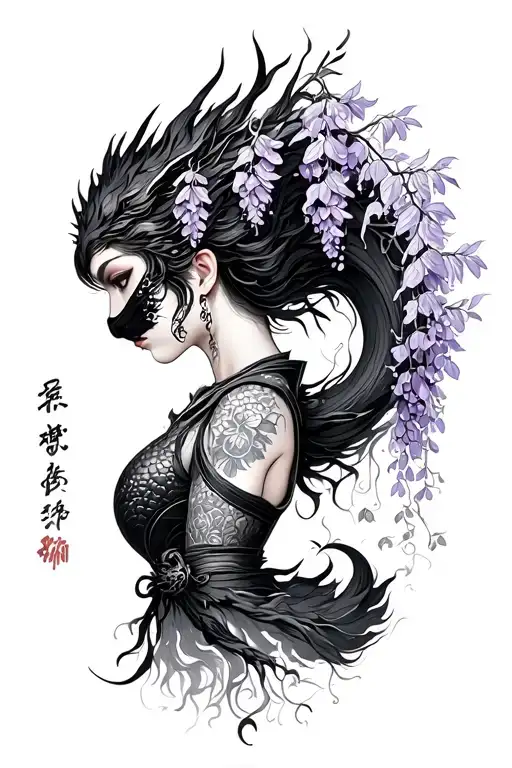 wisteria flowers cascading down side profile female ninja warrior and dragon tattoo design idea