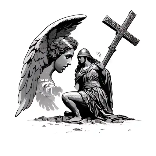 cross, roman soldier kneeling, ruins, woman face, arch angel, sky tattoo design idea