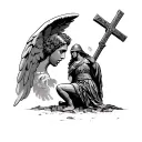 cross, roman soldier kneeling, ruins, woman face, arch angel, sky tattoo design idea