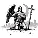 cross, roman soldier kneeling, ruins, woman face, arch angel, sky tattoo design idea
