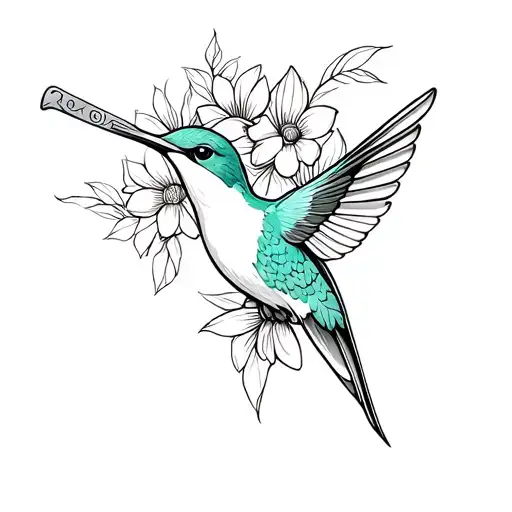 humming bird with flowers with a machete tattoo design idea
