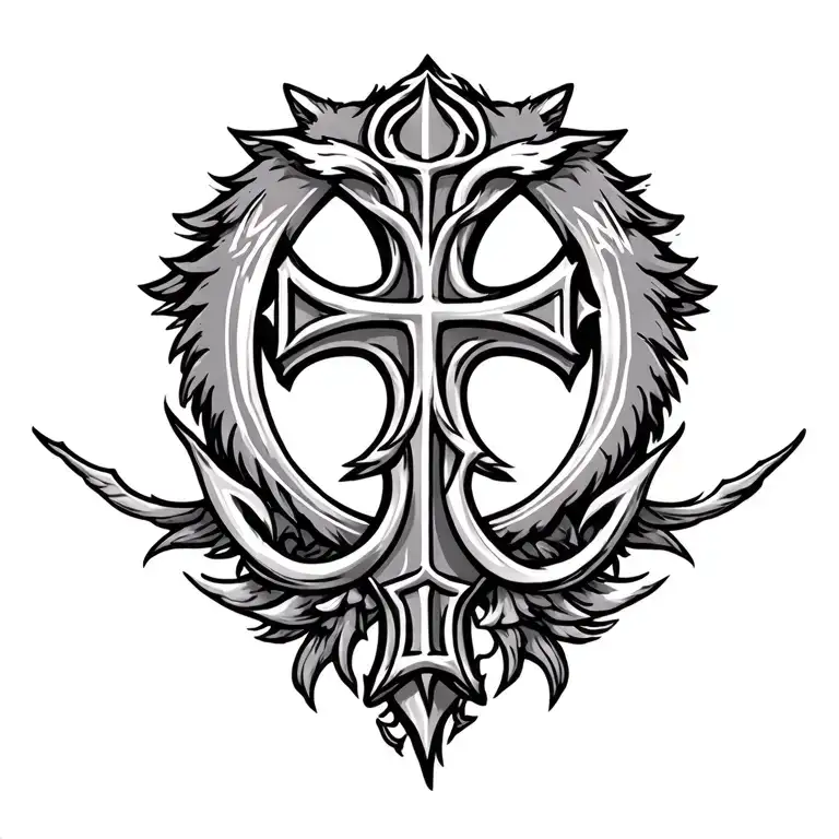 masculine Chi-Rho cross  whith alpha and omega letters and raw masculine fighter feral design. also very manic. tattoo design idea