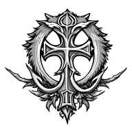 masculine Chi-Rho cross  whith alpha and omega letters and raw masculine fighter feral design. also very manic. tattoo design idea