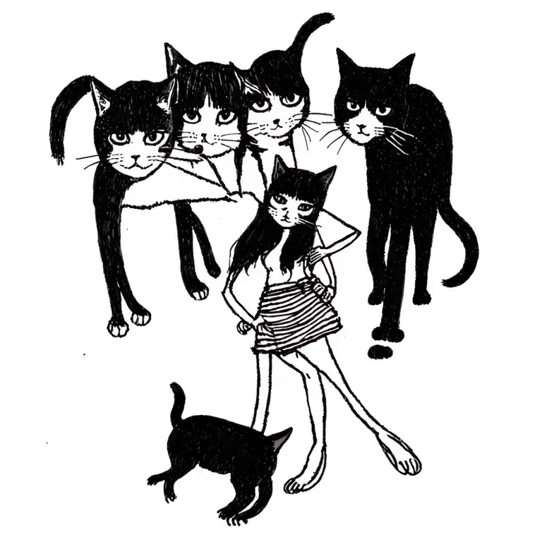 woman punk with gang of cats tattoo design idea
