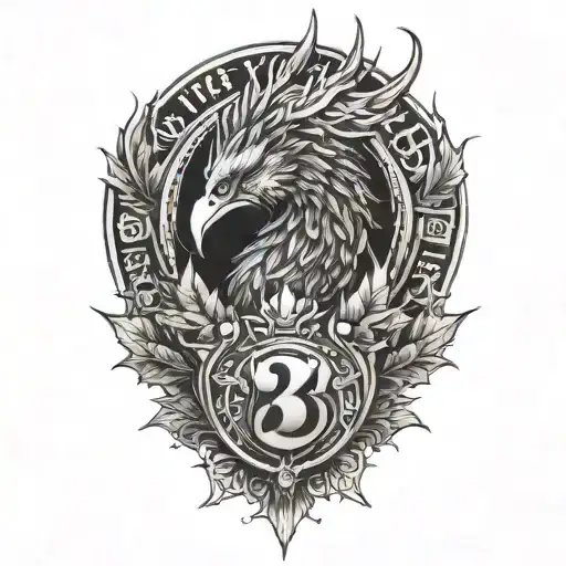 mixed elements of a scottish thistle, a phoenix, fire, the number 21, the letter s, Cyberpunk style tattoo design idea