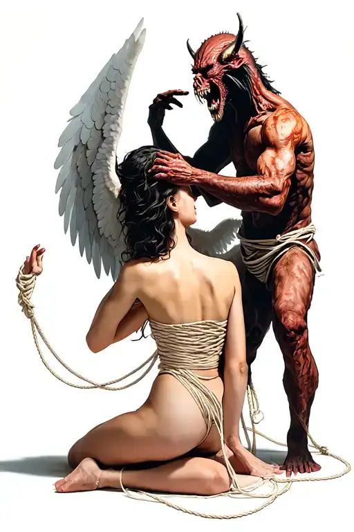 Angel kneeling in shibari bondage with a demon being taunted out of her by her master.  tattoo design idea