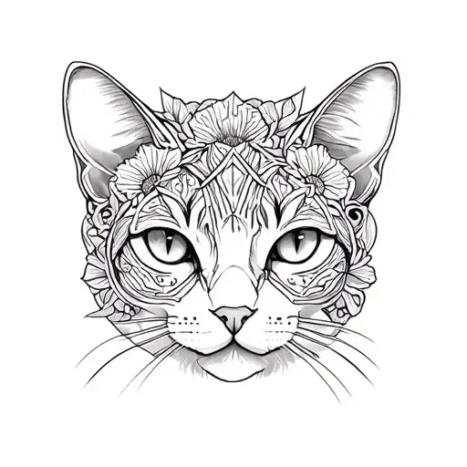 Black and white sphinxen cat head tattoo without too much filling, modern floral geometric shape tattoo design idea