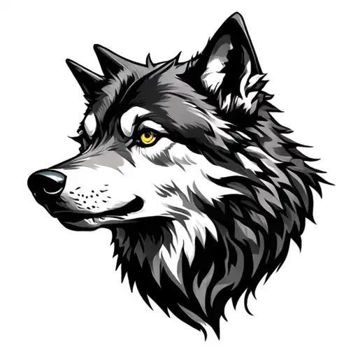 dark wolf head profile hollow eyes, gothic, realism, evil tattoo design idea