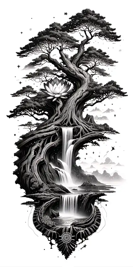 collage of space constellation, Buddhist landscape, trees, waterfall, lotus, wood mechanical gears tattoo design idea