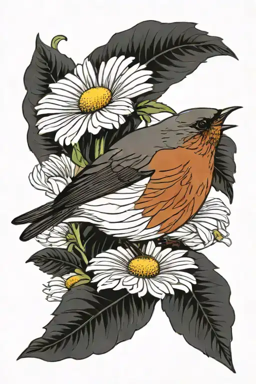 Bird robin one flower daisy fine line tattoo design idea