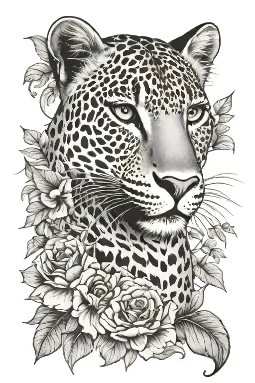 leopard feminine floral tattoo design idea
