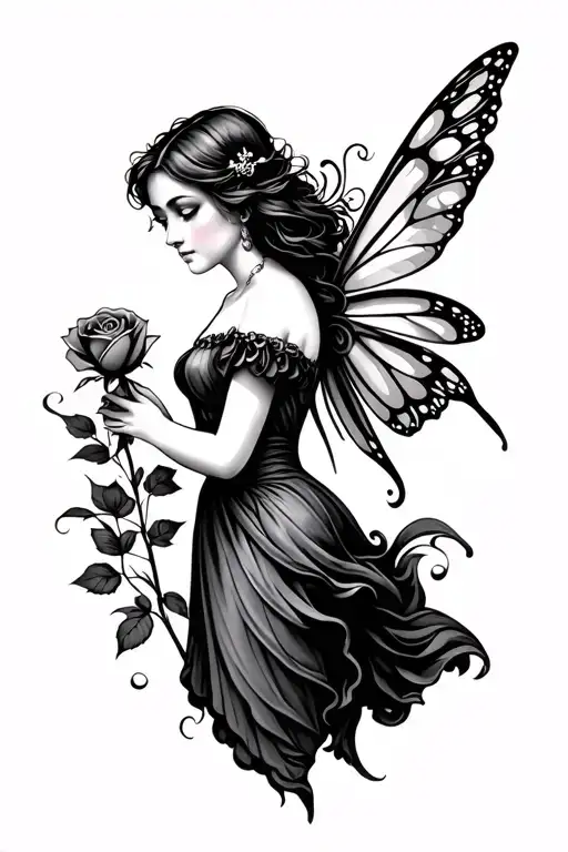 fairy holding a rose tattoo design idea