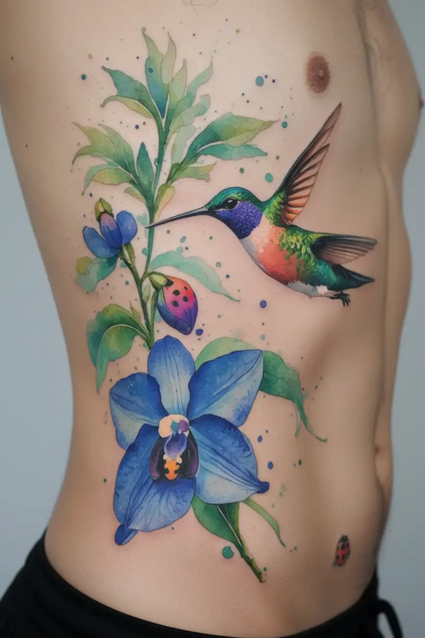 hummingbird hovering near a blue orchid that had a ladybug in the flower tattoo design idea