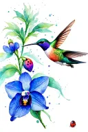 hummingbird hovering near a blue orchid that had a ladybug in the flower tattoo design idea