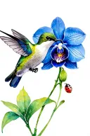 hummingbird hovering near a blue orchid that had a ladybug in the flower tattoo design idea