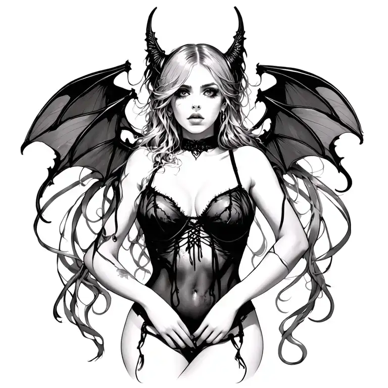 Gothic, Succubus, Big Boobs, G-String, Ripped Bra, G-String, Portrait tattoo design idea