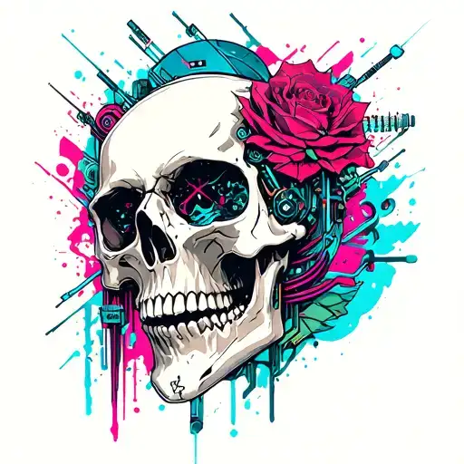 skull with cyberpunk inspired tattoo featuring iconic symbols tattoo design idea