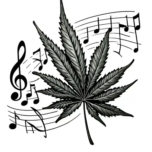 weed leaf with music notes flowing tattoo design idea