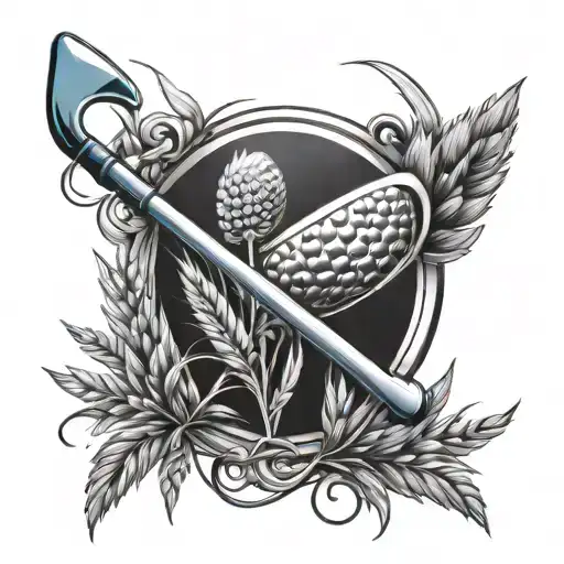 blue Ribbon with golf club and wheat stalk intertwined tattoo design idea