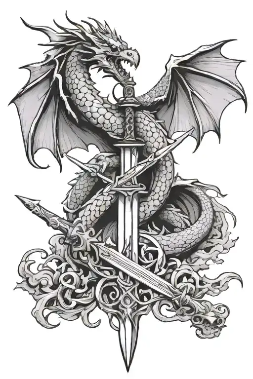swords and western dragons flying tattoo design idea