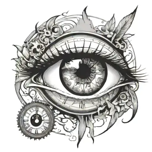 an eye that kind of looks like a anime artstyle eye. i want a clock within the eye. include cool details. black and grey tattoo design idea