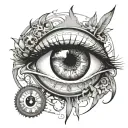 an eye that kind of looks like a anime artstyle eye. i want a clock within the eye. include cool details. black and grey tattoo design idea