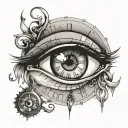 an eye that kind of looks like a anime artstyle eye. i want a clock within the eye. include cool details. black and grey tattoo design idea