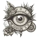 an eye that kind of looks like a anime artstyle eye. i want a clock within the eye. include cool details. black and grey tattoo design idea