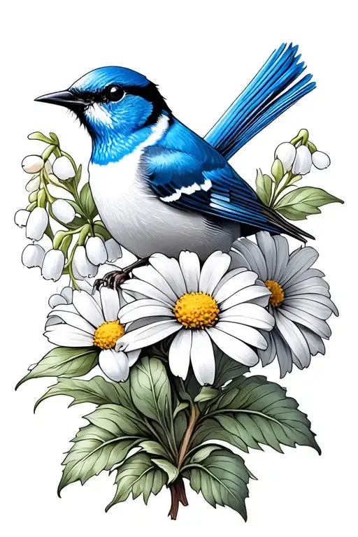daisy flower, hawthorn flower, lily of the valley flower, blue wren bird , fine line tattoo tattoo design idea
