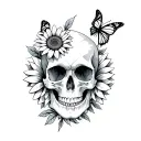 skull with butterfly's and sunflowers tattoo design idea