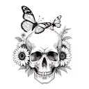 skull with butterfly's and sunflowers tattoo design idea