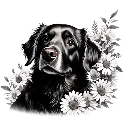 sleeve-flowers and daisies, dog outline golden retriever tattoo design idea