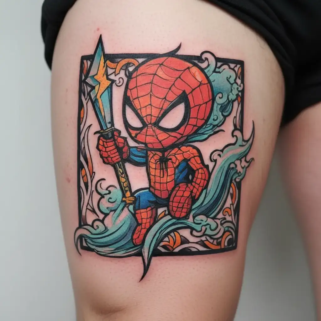 chibi baby spiderman holding a lightning bolt while there is ocean waves in the backround  tattoo design idea