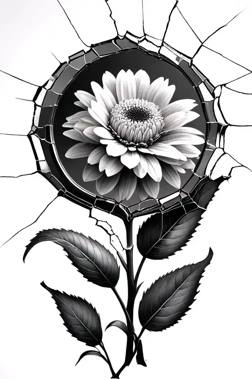 A cracked mirror representing comparison, reflecting a faded or perfect but lifeless flower. Just outside the mirror, a  tattoo design idea